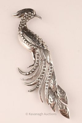 Large and Heavy Mexican Sterling Peacock Brooch. 55.8 grams, 5 inches L. Condition: All sales 