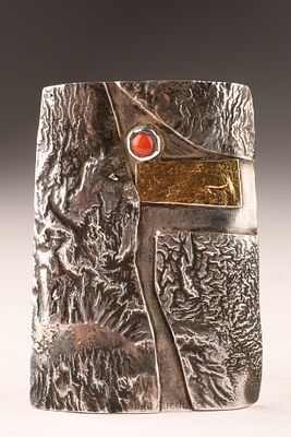 Brutalist Sterling Gold Modernist Brooch Hempel. Unique hand forged sterling silver brutalist 