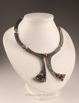 Rare Brutalist Modernist Robert Larin Pewter and Brass Bib Necklace. Marked on verso.38 cm 