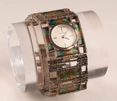 Vintage Sterling Silver & Enamel Brutalist Michel Herbelin Wristwatch. Vintage Sterling Silver 