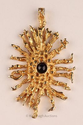 Mid Century Brutalist Gold Tone Pendant Signed ROBERT LARIN3.5 inches L x 2.25 W. Condition: 