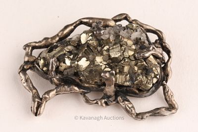 Brutalist Sterling, Quartz and Pyrite Brooch Pin. Marked on verso, MK, 925.2 inches W. 