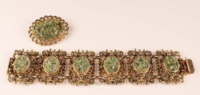 MCM Brutalist Gold tone And Green Jade Chip Panel Bracelet and Brooch. Mid Century Brutalist 