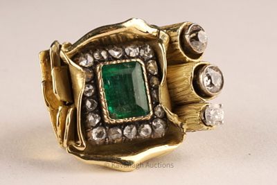 Large Brutalist Modernist 22K Gold Diamond and Emerald Fantasy Ring. Large Modernist 22K Gold 