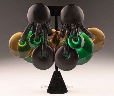 Monies Pop Art Colored Acrylic Leather Wood Earrings. Monies Denmark pair of Pop Art earrings of 