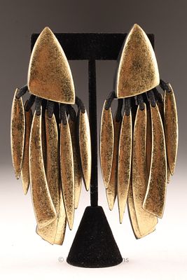 Monies Gold Leaf Ebony Wood Statement Earrings. Monies Denmark pair of ebony wood earrings with 