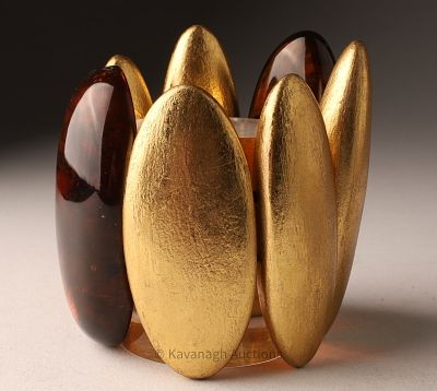 Monies Gold Leaf Wood Amber Bracelet. Monies Denmark expandable bracelet of large gold leaf 