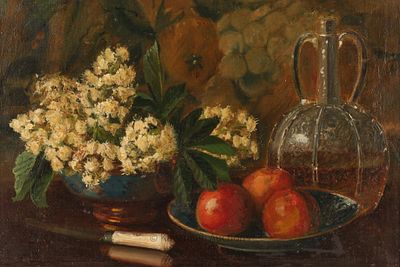 19th C. Oil on Canvas Dutch Still Life, Floral Scene with fruits and bottle. Unframed, unsigned 