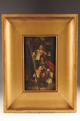 Antique Dutch Oil on Panel Interior Scene Portrait Artist and Patron. Antique Dutch Oil on Panel 