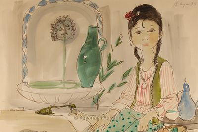 Philippe Henri Noyer (French, 1917 - 1985) 1964 Watercolor Seated Girl. Philippe Henri Noyer 