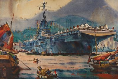 Arthur J. Beaumont (American, 1877-1956) Watercolour Naval Scene depicting an aircraft carrier 