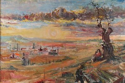 Large Mid Century Impressionist Landscape, Ararat, Triumph of the Faith. Initialled E.R. on 