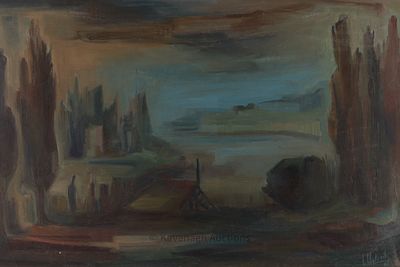 Large Mid Century Surrealist Landscape Signed L. Untroib 68 lower right corner. Titled on verso 