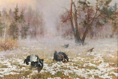 Eligiusz Waclaw Baranowski (Polish, 1904 - 1997) Turkeys / Grouses on a Pasture. Eligiusz Waclaw 