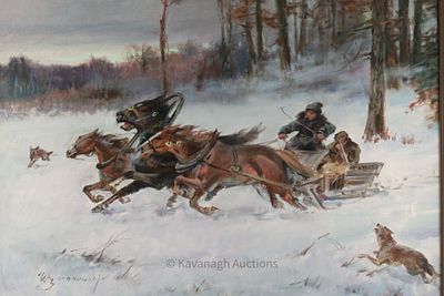 Eligiusz Waclaw Baranowski (Polish, 1904 - 1997) Troika Scene. Large winter landscape of a 