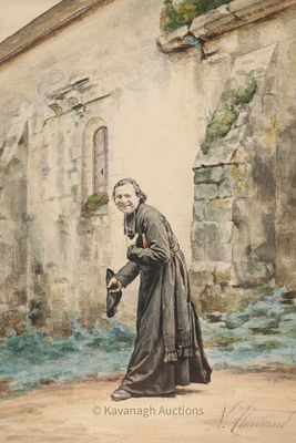 Vincent Chevilliard (France, 1841-1904) Watercolour Laughing Priest. Vincent Chevilliard (France 