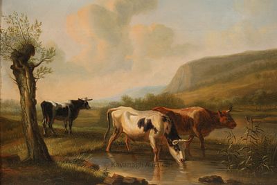 19th C French School Oil on Panel, Landscape with Cows Drinking. 19th C French School Oil on 