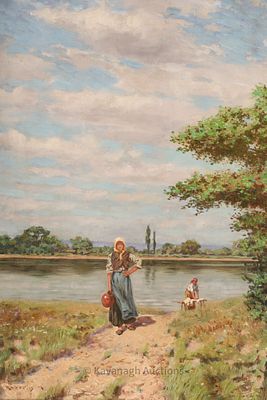 Mark Rubovics (Hungarian, 1867-1947) Figures by a Pond. Mark Rubovics (Hungarian, 1867-1947) oil 