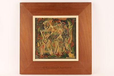 Mid Century Primitive Signed Nude Painting 1959, Two Females with Animal. Board measures 10 