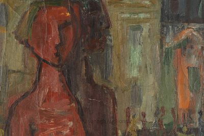 Signed Mid Century Figural Abstract Expressionist Oil on Canvas. Signed Miguel Trotta Mid 