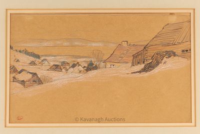Clarence Alphonse Gagnon (Canada, 1881 - 1942), Landscape pencil drawing. Clarence Alphonse 