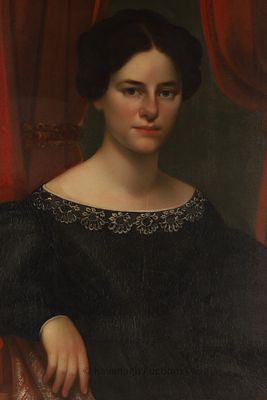 19th C American School Oil on Board, Portrait of a Lady. Paper label on verso attributes 