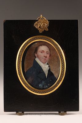 Antique Miniature Portrait Painting of a Gentleman. Some craquelure, loss to frame. Portrait 