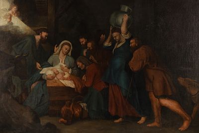 Antique Old Masters Religious Nativity Painting Adoration of the Shepherds . Large 18th Century 