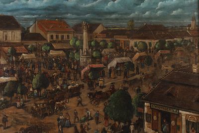 Tibor Polya (Hungarian, 1886-1937) Oil on Canvas, Budapest Market Scene. Tibor Polya, also known 