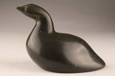 Inuit Signed Loon Carving Johnassie, Belcher Islands. Soapstone carving of a loon, finely 