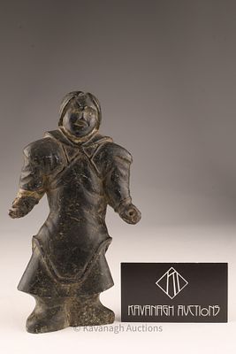 Inuit Soapstone Carving of a Standing Figure in Parka. Carved in dark grey serpentine/soapstone 