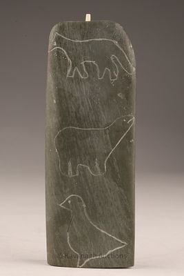 Shavekok Ningeochaak (Coral Harbour, 20th C) Steatite Engraved Plaque. A flat stone plaque 