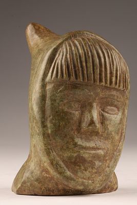 Inuit Soapstone Carving Stylized Head. Northern Canada, mid-20th century hand-carved Inuit 