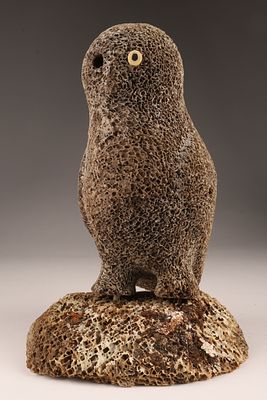 Inuit Owl Sculpture in Two Parts, Fossilized Whalebone. A distinctive Inuit carving of an owl 