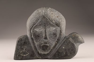 Inuit Soapstone Sculpture, Double-Sided Head and Bird Motif. Canada, mid-late 20th century 