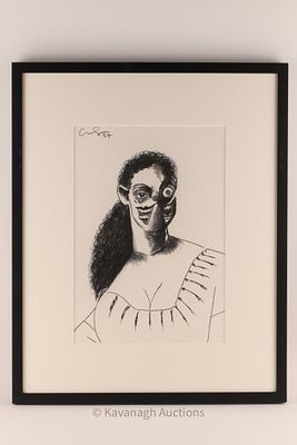 George Condo (b. 1957) - Untitled, 2007 Drawing of a Smiling Woman. A bold charcoal drawing 
