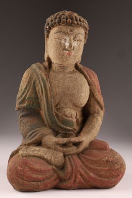 Antique Tibetan Polychrome Wood Carved Shakyamuni Buddha, ca. 1880-1930. Finely carved and 