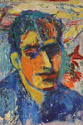 Mid Century Expressionist Oil on Board Portrait of a Man, Unsigned. Board measures 18”H x 14”W.