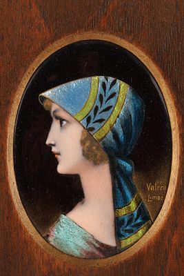 Antique French Hand Painted Portrait Plaque Signed Valery Limoges, miniature portrait painting 