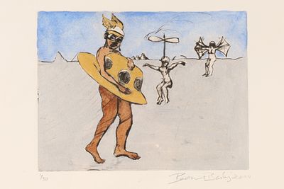 Beezy Bailey (South African, b. 1962) Hand Coloured Engraving Collecting UFOs. Beezy Bailey 