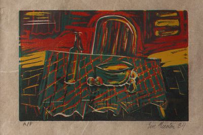 Signed Artist Proof Expressionist Lithograph Still Life Interior Scene. Signed E. Nicolai 