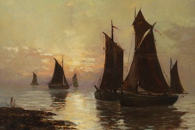 Edwin Hayes (Irish, 1820-1904) Oil on Board Fishing Boats at Sunrise. Edwin Hayes (Irish 