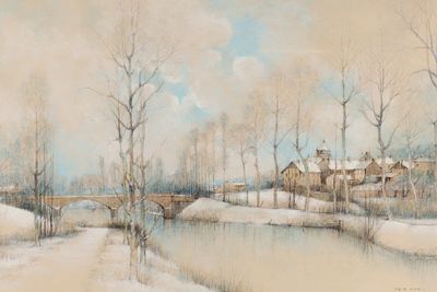 Jean Louis Vergne (France, b. 1925) Winter Watercolour Landscape. Signed lower right. Image 