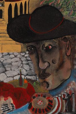 Mid Century Modern Surrealist Portrait of a Man. Mid Century Modern Surrealist Oil on Board 