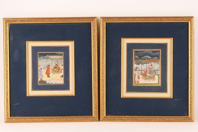Pair of Mughal Royal Miniature Paintings, Court Scenes. Images measure 7” x 6”, frame measures 