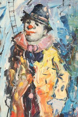 Mid Century Impressionist Clown Portrait Painting Signed. Signed lower right. Canvas measures 