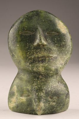 Inuit Carved Green Soapstone Sculpture of Two Heads. Inuit green soapstone / Serpentine face 