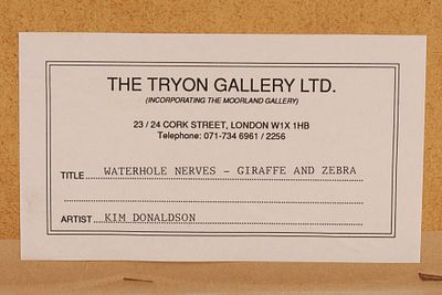 Kim Donaldson (South Africa, b. 1957), Pastel, Waterhole Nerves, Giraffes and Zebras. Signed. 