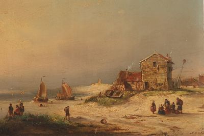 19th c. European Oil on Panel Coastal Seashore Village Scene, Signed lower right. Board 