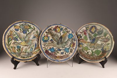 Lot of Middle Eastern Iznik Round Glazed Bird Plaques / Tiles. Measuring 10 inches diameter.